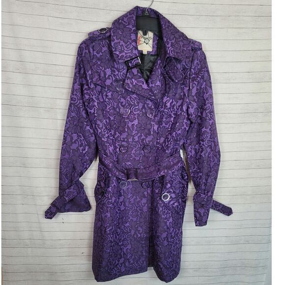 MARINEBLU Y2K PURPLE FLORAL BROCADE BELTED TRENCH COAT, SZ MEDIUM - Picture 1 of 16